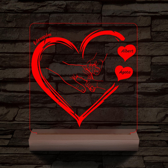 Apák napjára ujj-fogós szívben személyre szabott fa talppal 7 színű 3D led lámpa