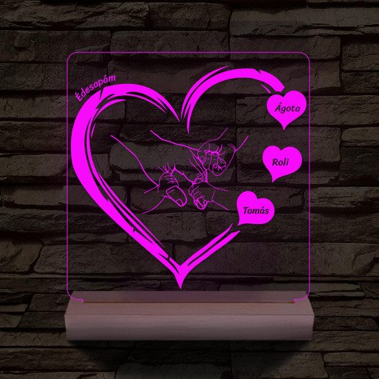 Apák napjára ujj-fogós szívben személyre szabott fa talppal 7 színű 3D led lámpa