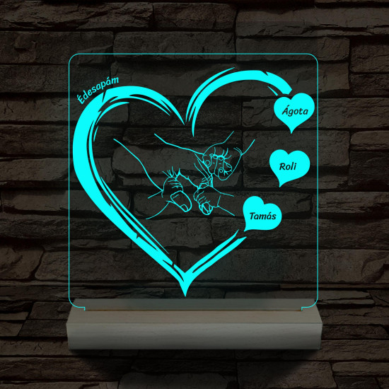 Apák napjára ujj-fogós szívben személyre szabott fa talppal 7 színű 3D led lámpa