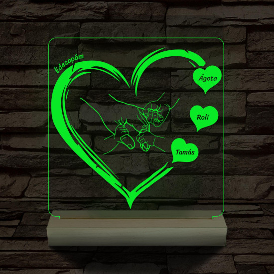 Apák napjára ujj-fogós szívben személyre szabott fa talppal 7 színű 3D led lámpa