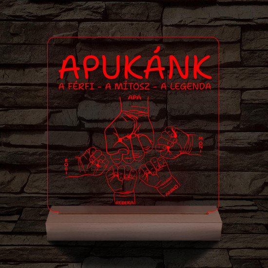 Apák napjára ökölpacsis személyre szabott fa talppal 7 színű 3D led lámpa