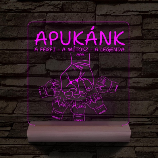 Apák napjára ökölpacsis személyre szabott fa talppal 7 színű 3D led lámpa