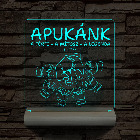 Apák napjára ökölpacsis személyre szabott fa talppal 7 színű 3D led lámpa