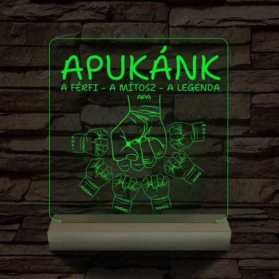 Apák napjára ökölpacsis személyre szabott fa talppal 7 színű 3D led lámpa