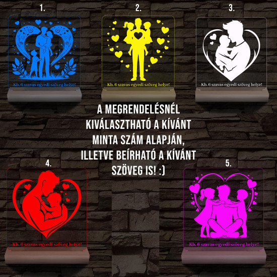 Apáknak mintaválasztós, szövegbeírós, 6 szavas, személyre szabott fa talppal 7 színű 3D led lámpa