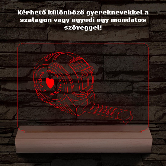 Apák napi mérőszalag gyerek nevekkel személyre szabott fa talppal 7 színű 3D led lámpa