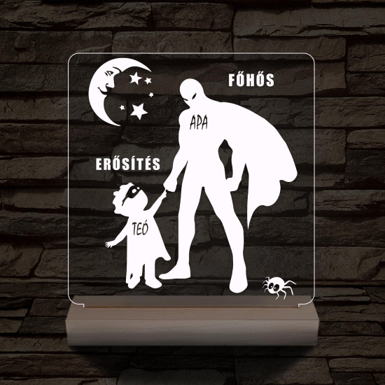 Apák napja főhős erősítés 1 gyerekkel csak személyre szabott fa talppal 7 színű 3D led lámpa
