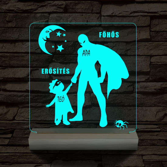 Apák napja főhős erősítés 1 gyerekkel csak személyre szabott fa talppal 7 színű 3D led lámpa