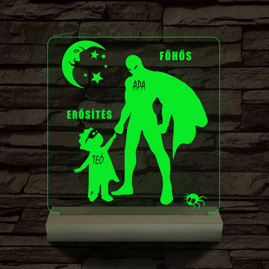 Apák napja főhős erősítés 1 gyerekkel csak személyre szabott fa talppal 7 színű 3D led lámpa