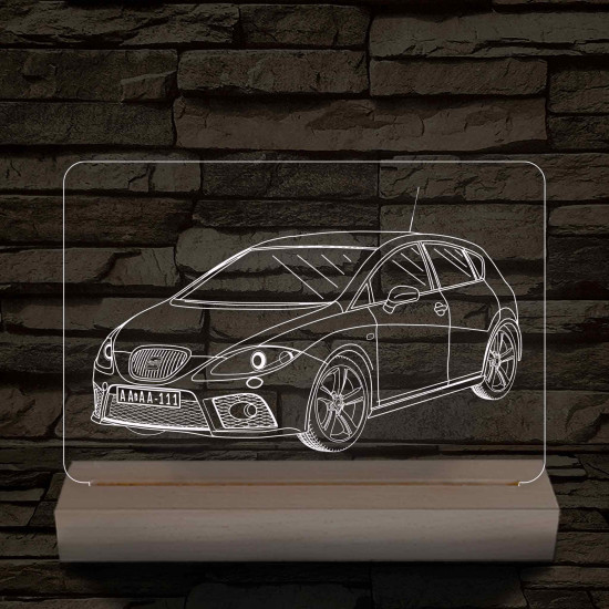 Seat Leon Cupra 1P egyedi rendszámmal személyre szabott 20 cm fa talppal 7 színű 3D led lámpa – A sebesség szerelmeseinek