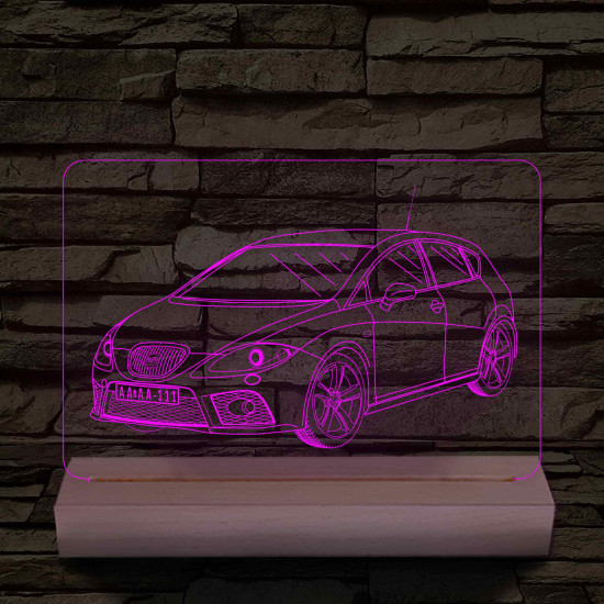 Seat Leon Cupra 1P egyedi rendszámmal személyre szabott 20 cm fa talppal 7 színű 3D led lámpa – A sebesség szerelmeseinek