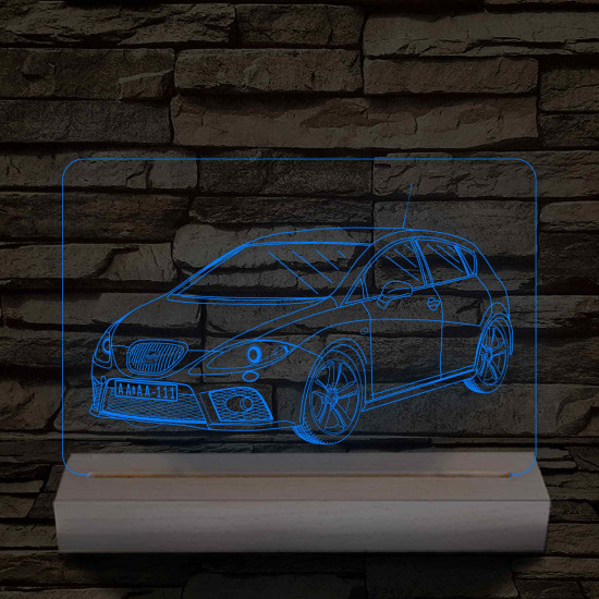 Seat Leon Cupra 1P egyedi rendszámmal személyre szabott 20 cm fa talppal 7 színű 3D led lámpa – A sebesség szerelmeseinek