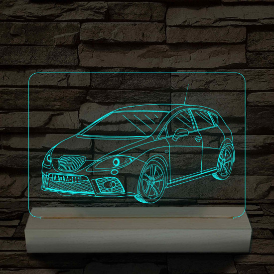 Seat Leon Cupra 1P egyedi rendszámmal személyre szabott 20 cm fa talppal 7 színű 3D led lámpa – A sebesség szerelmeseinek