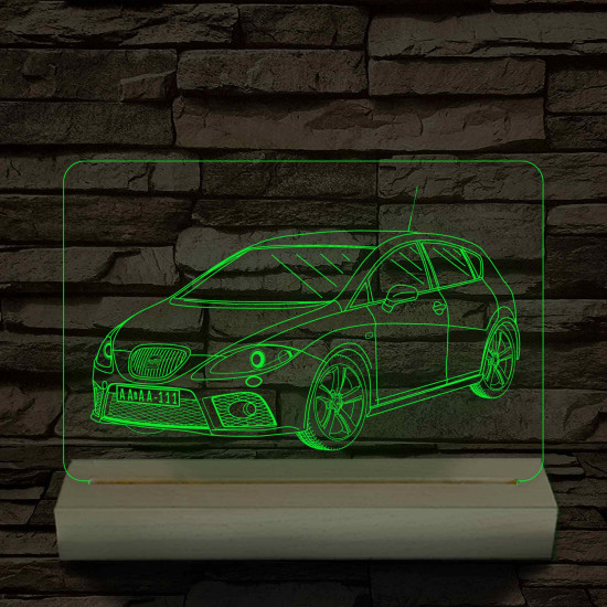 Seat Leon Cupra 1P egyedi rendszámmal személyre szabott 20 cm fa talppal 7 színű 3D led lámpa – A sebesség szerelmeseinek