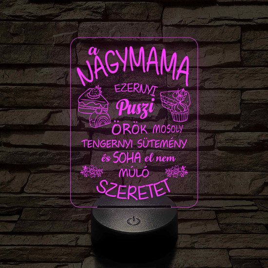 Nagymama – Szeretet, puszi és sütemény - 7 színű, színváltós 3D led lámpa