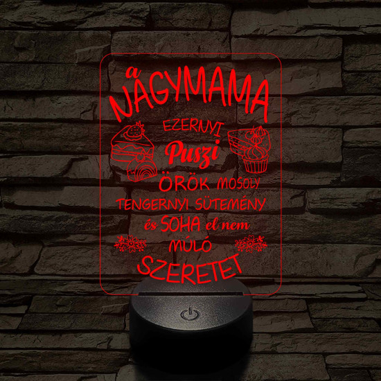 Nagymama – Szeretet, puszi és sütemény - 7 színű, színváltós 3D led lámpa