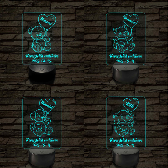 Keresztelő emlékére 7 színű, színváltós állatos 3D led lámpa