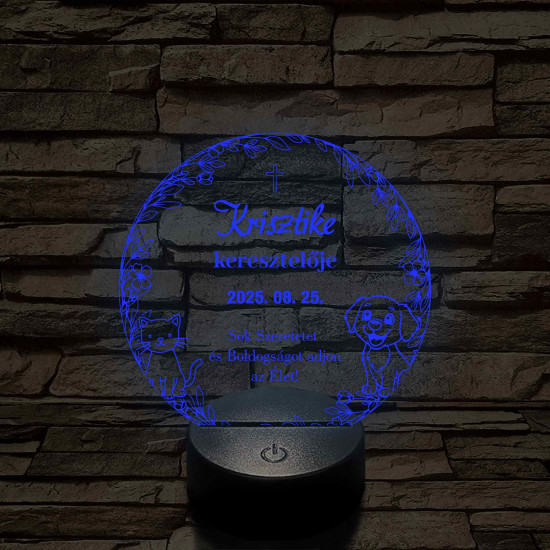 Keresztelői emlék, személyre szabható névvel és dátummal - 7 színű, színváltós 3D led lámpa