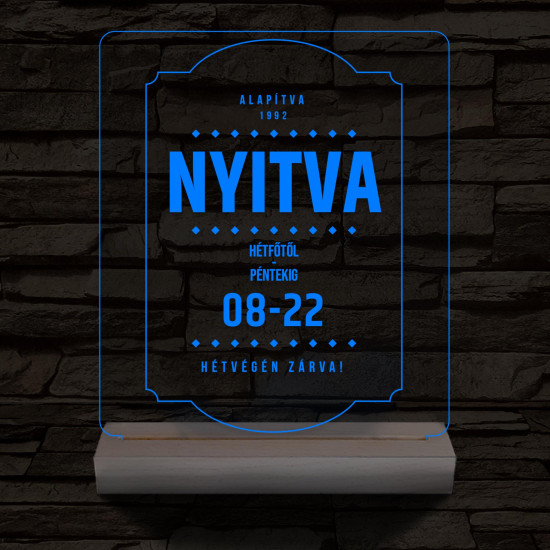 Nyitvatartás tábla 20 cm fa talppal 7 színű 3D led lámpa