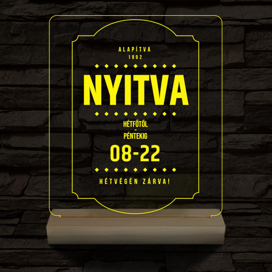 Nyitvatartás tábla 20 cm fa talppal 7 színű 3D led lámpa