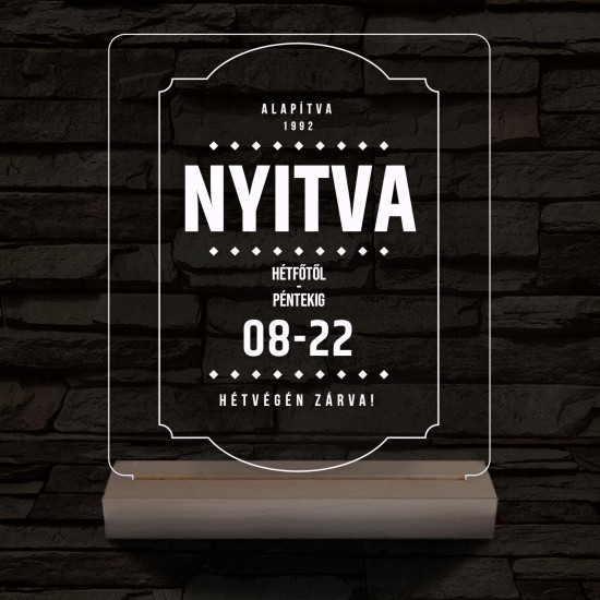 Nyitvatartás tábla 20 cm fa talppal 7 színű 3D led lámpa