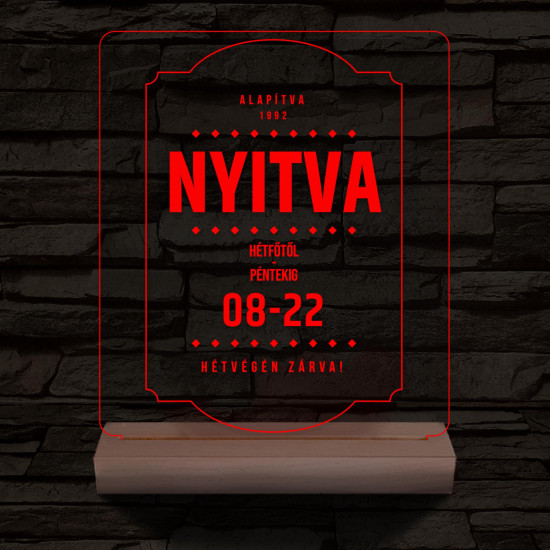 Nyitvatartás tábla 20 cm fa talppal 7 színű 3D led lámpa
