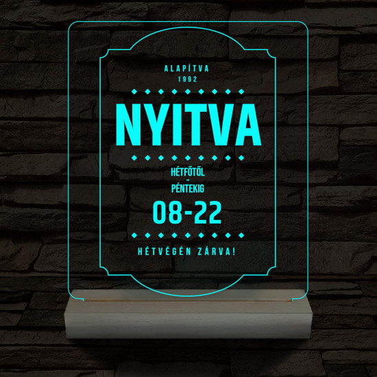 Nyitvatartás tábla 20 cm fa talppal 7 színű 3D led lámpa