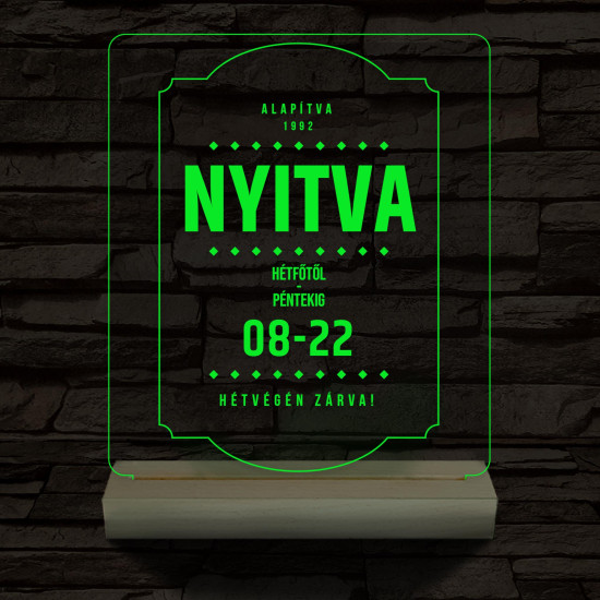 Nyitvatartás tábla 20 cm fa talppal 7 színű 3D led lámpa