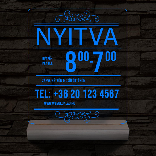 Nyitvatartás telefonszámmal 20 cm fa talppal 7 színű 3D led lámpa