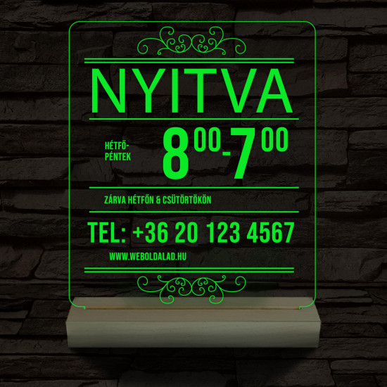 Nyitvatartás telefonszámmal 20 cm fa talppal 7 színű 3D led lámpa