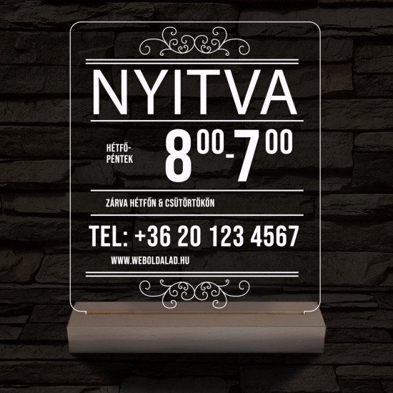 Nyitvatartás telefonszámmal 20 cm fa talppal 7 színű 3D led lámpa