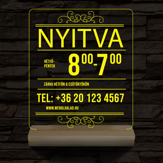 Nyitvatartás telefonszámmal 20 cm fa talppal 7 színű 3D led lámpa