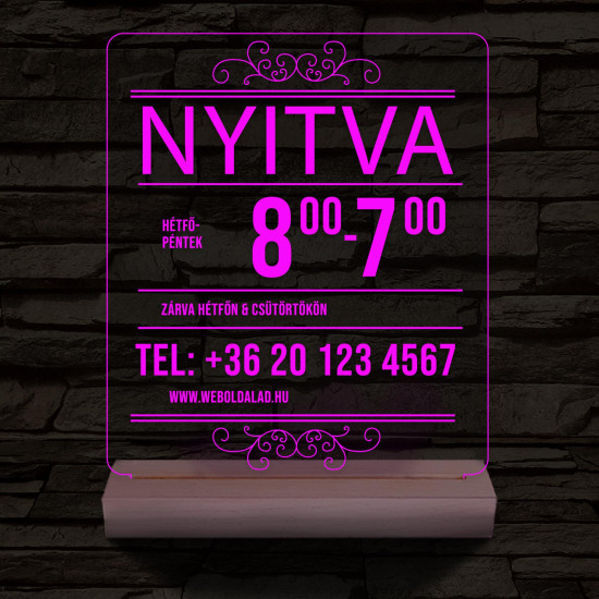 Nyitvatartás telefonszámmal 20 cm fa talppal 7 színű 3D led lámpa