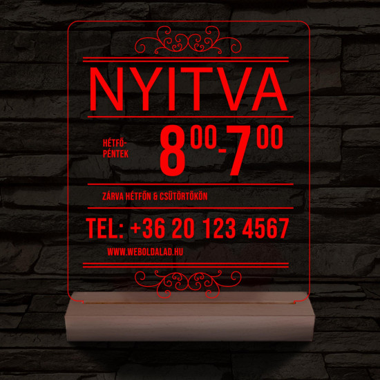 Nyitvatartás telefonszámmal 20 cm fa talppal 7 színű 3D led lámpa
