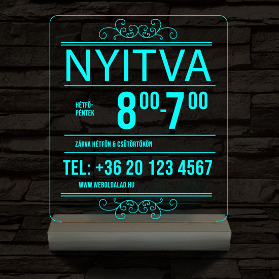 Nyitvatartás telefonszámmal 20 cm fa talppal 7 színű 3D led lámpa