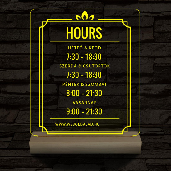 Nyitvatartás számokkal (weboldalcím) 20 cm fa talppal 7 színű 3D led lámpa