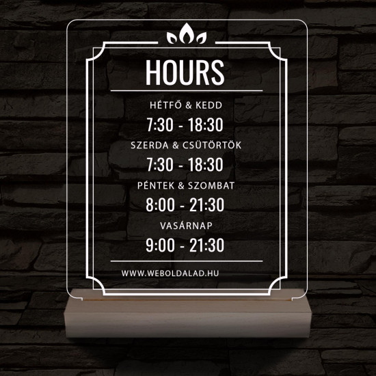 Nyitvatartás számokkal (weboldalcím) 20 cm fa talppal 7 színű 3D led lámpa