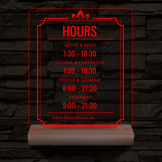 Nyitvatartás számokkal (weboldalcím) 20 cm fa talppal 7 színű 3D led lámpa