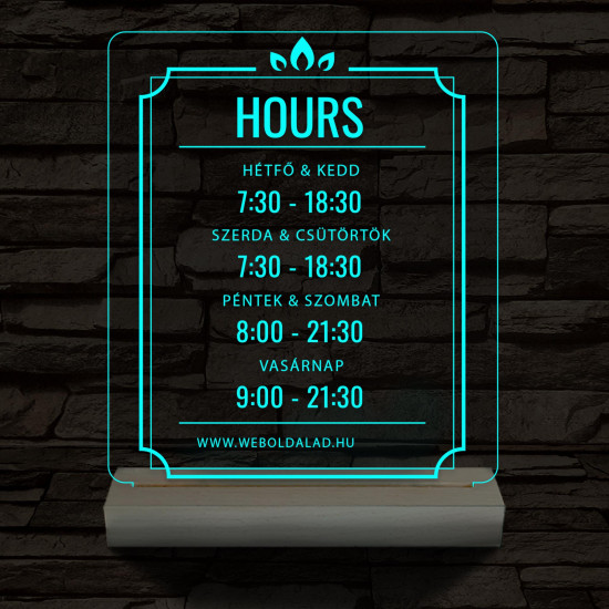 Nyitvatartás számokkal (weboldalcím) 20 cm fa talppal 7 színű 3D led lámpa