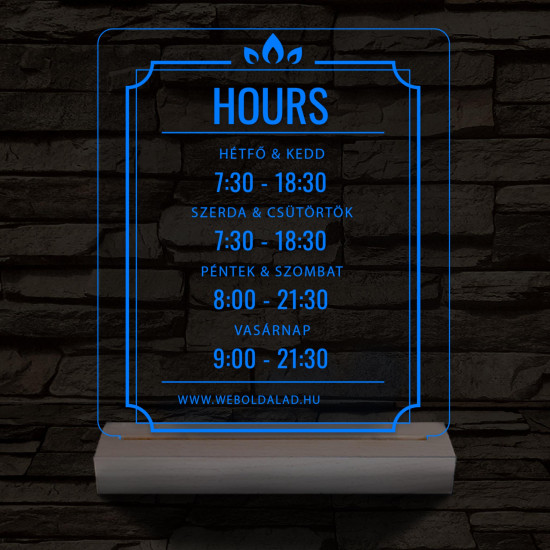 Nyitvatartás számokkal (weboldalcím) 20 cm fa talppal 7 színű 3D led lámpa