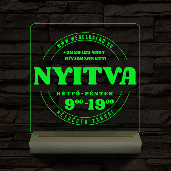 Nyitvatartás számokkal (weboldalcím+telefonszám) 20 cm fa talppal 7 színű 3D led lámpa