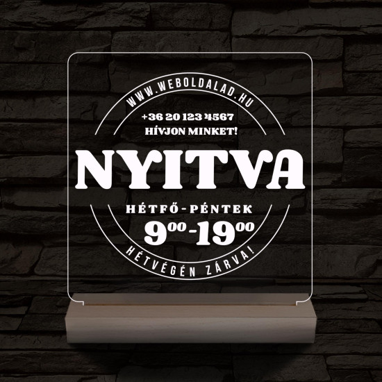 Nyitvatartás számokkal (weboldalcím+telefonszám) 20 cm fa talppal 7 színű 3D led lámpa