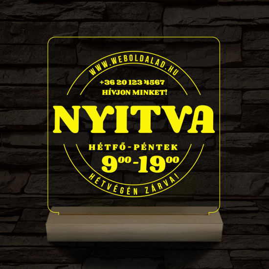 Nyitvatartás számokkal (weboldalcím+telefonszám) 20 cm fa talppal 7 színű 3D led lámpa