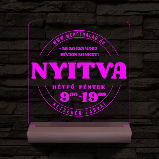 Nyitvatartás számokkal (weboldalcím+telefonszám) 20 cm fa talppal 7 színű 3D led lámpa