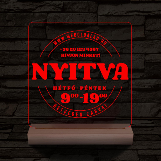 Nyitvatartás számokkal (weboldalcím+telefonszám) 20 cm fa talppal 7 színű 3D led lámpa
