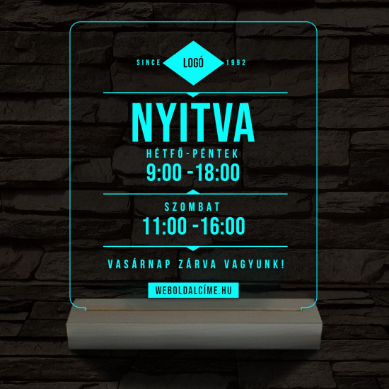 Nyitvatartás számokkal (weboldalcím+cég logó) 20 cm fa talppal 7 színű 3D led lámpa