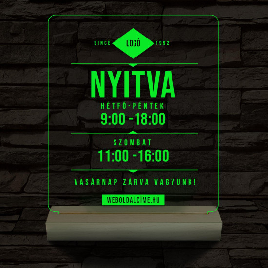 Nyitvatartás számokkal (weboldalcím+cég logó) 20 cm fa talppal 7 színű 3D led lámpa