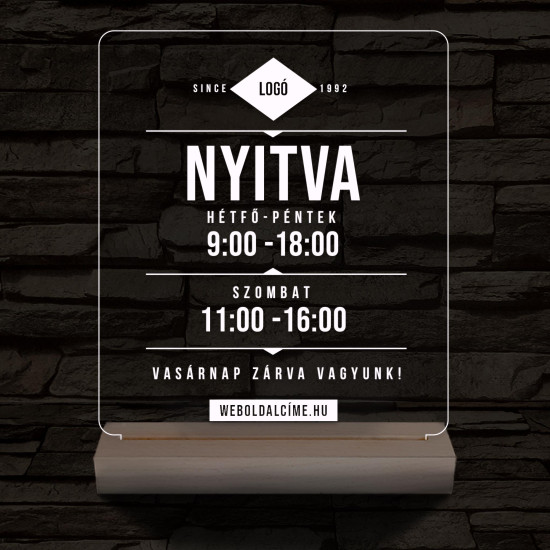 Nyitvatartás számokkal (weboldalcím+cég logó) 20 cm fa talppal 7 színű 3D led lámpa
