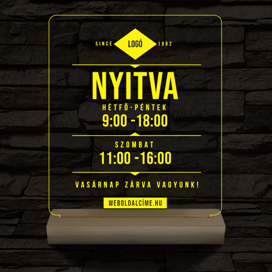 Nyitvatartás számokkal (weboldalcím+cég logó) 20 cm fa talppal 7 színű 3D led lámpa