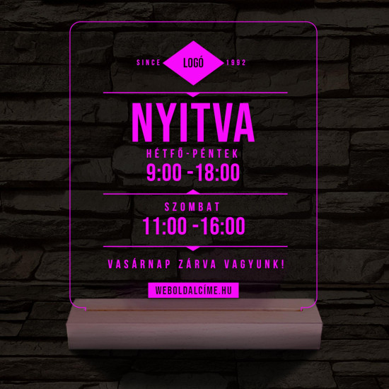 Nyitvatartás számokkal (weboldalcím+cég logó) 20 cm fa talppal 7 színű 3D led lámpa